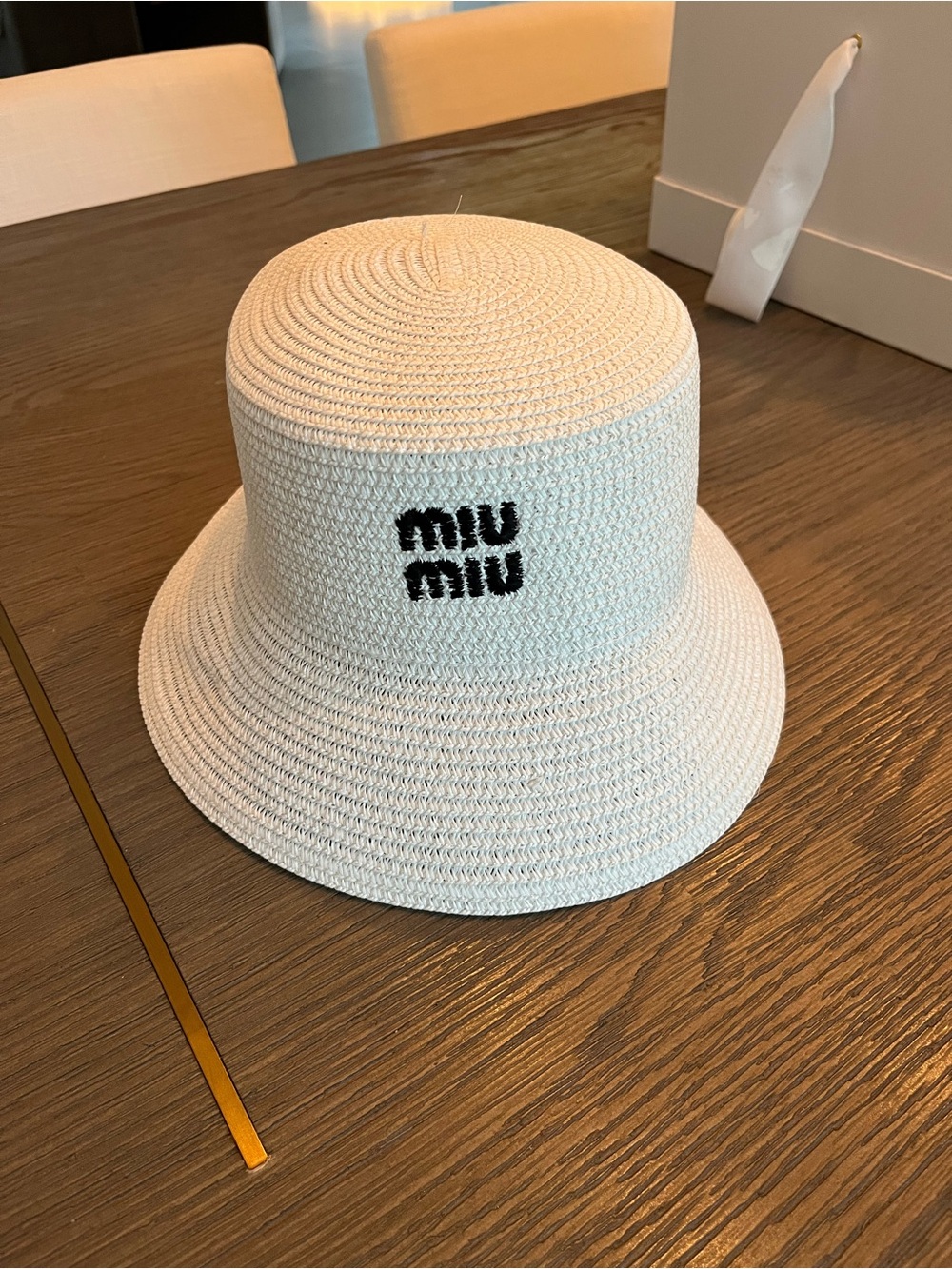 Miu White Woven Bucket Hat with Black Logo - Picture 4 of 4
